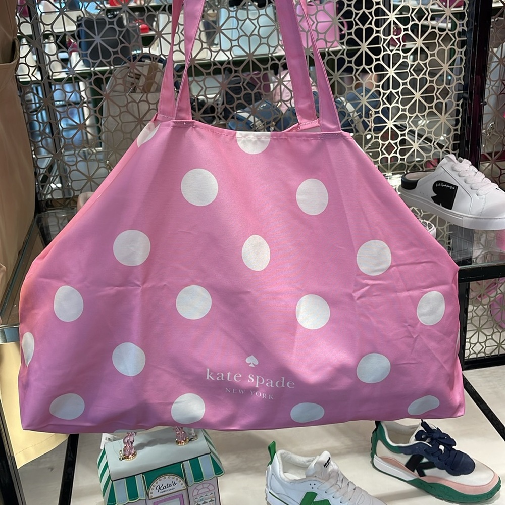Kate Spade Soft Pink-White Polka Dots Canvas Tote XL Reusable Shopping Beach Bag - Picture 7 of 16